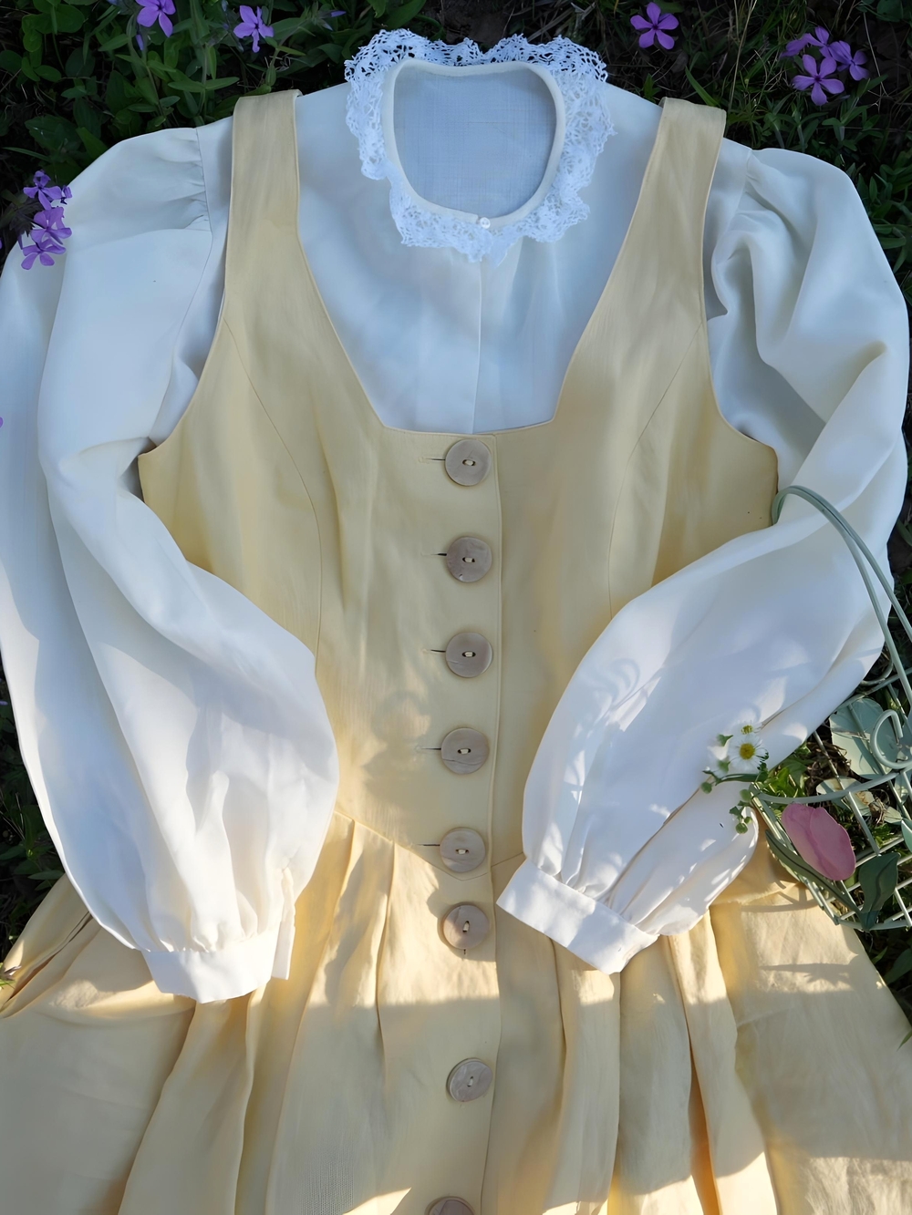 Vintage Yellow Maxi Dress w/ Collared Lace Cropped Blouse, Cottagecore, Bohemian